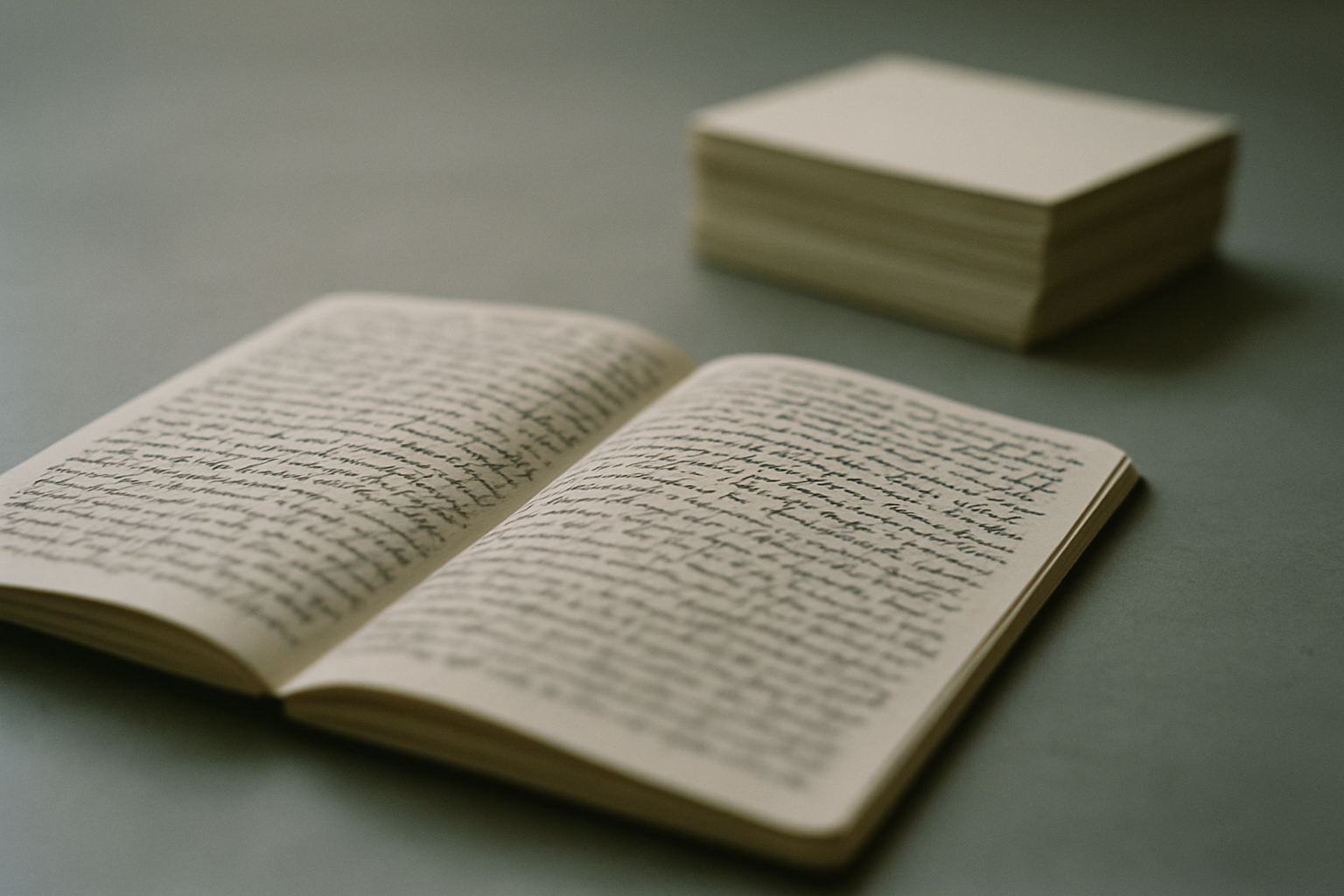 Open handwritten notebook in sharp focus beside a blurred stack of identical blank cards