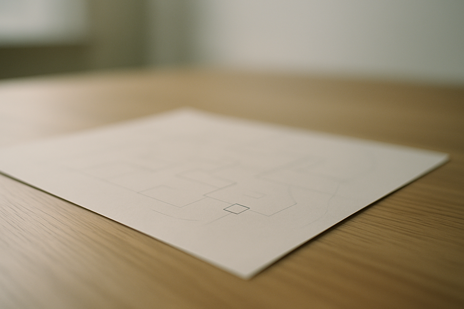 A single sheet with faint diagram lines on a desk, one element in sharp focus, the rest blurred